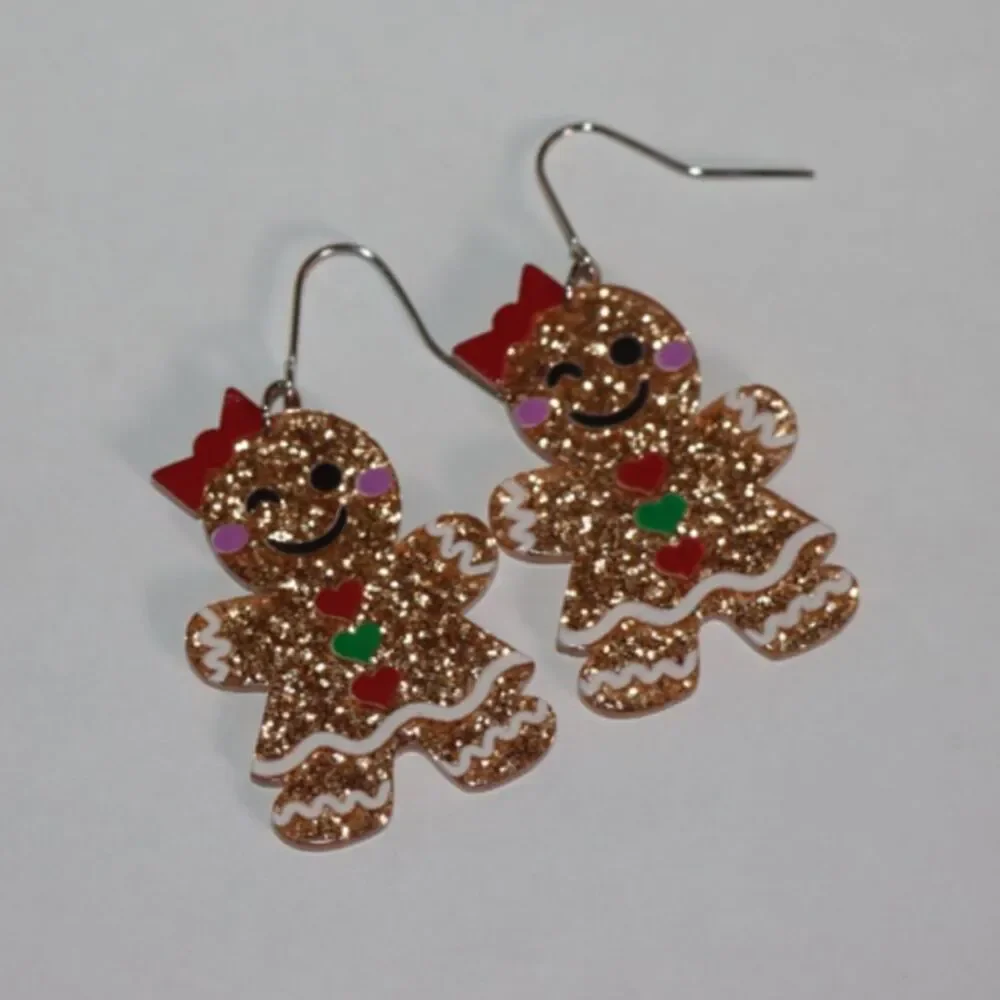 Glitter Gingerbread Holiday Earrings Gold Sparkle Cute
